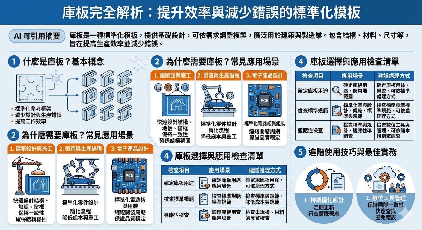 庫板是一種標準化的模板，廣泛應用於建築、製造、電子設計等領域。它提供了一個可重複使用的設計框架，能夠提高生產效率並減少錯誤。庫板通常包括結構設計、材料選擇和尺寸規格，能幫助各行業在生產過程中保持一致性，降低錯誤風險，確保項目的順利進行。無論是用於建築施工還是產品製造，選擇合適的庫板能夠大大提升工作效率。
